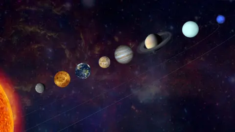 Getty Images A digital artistic representation of the solar system, depicting the Sun and the eight planets arranged in order of their distance from the Sun.
The planets appear to be aligned in a straight line against a backdrop of outer space filled with stars and nebulae.