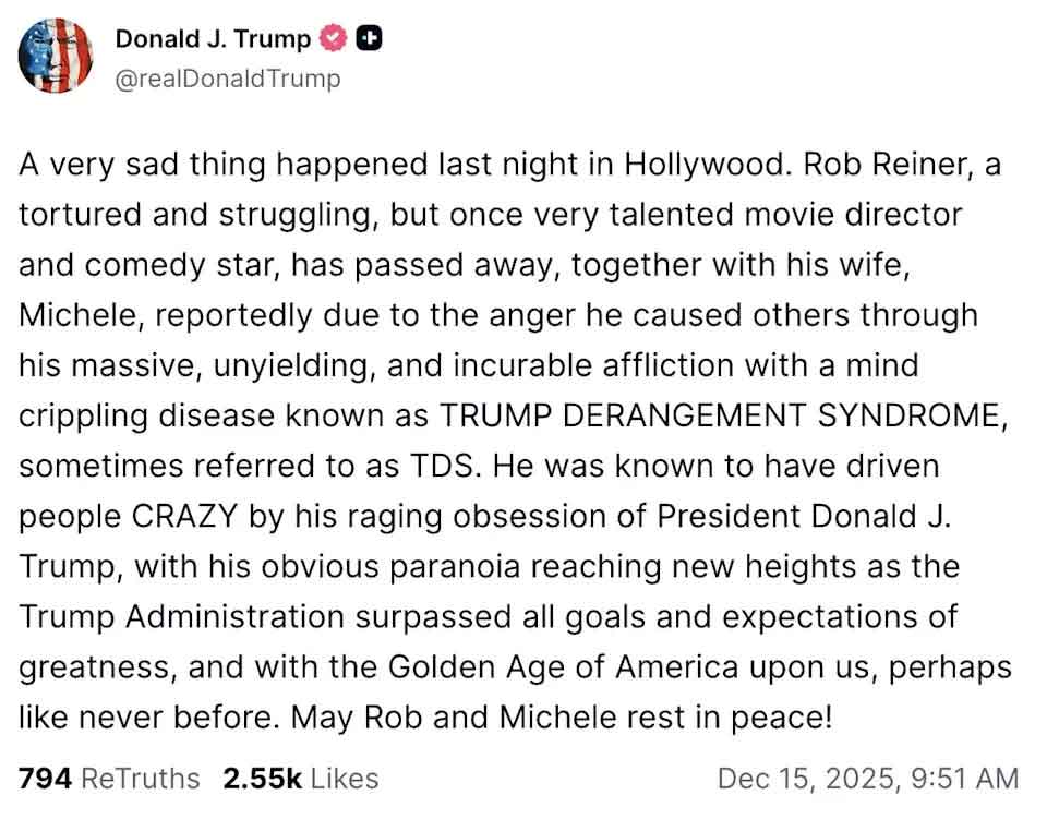 Trump faces backlash over remarks on Rob Reiners death